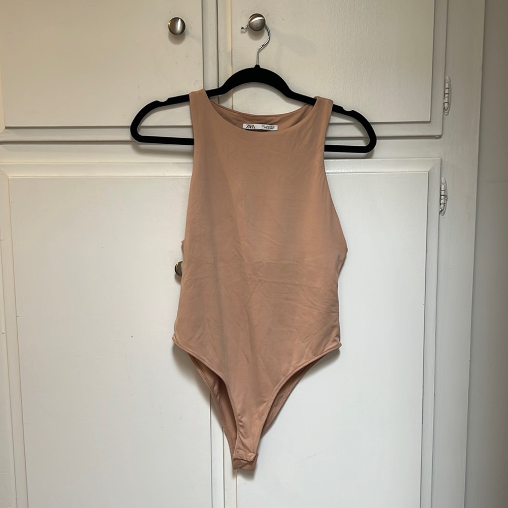 Zara Nude Beige High Neck Bodysuit Built-In Shelf Bra Size L